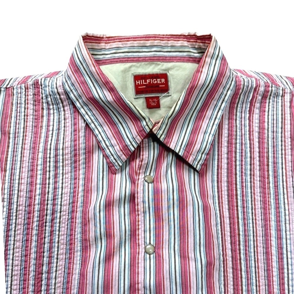 Tommy Hilfiger Pearl Snap Striped Short Sleeve Seersucker Shirt Mens XL Pink